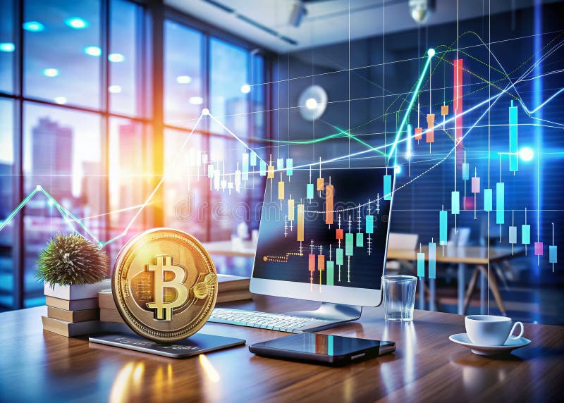 Hărți avansate de creștere holografică pentru spațiul de lucru Office și Bitcoin Reflectând un viitor al finanțelor digitale vector illustration