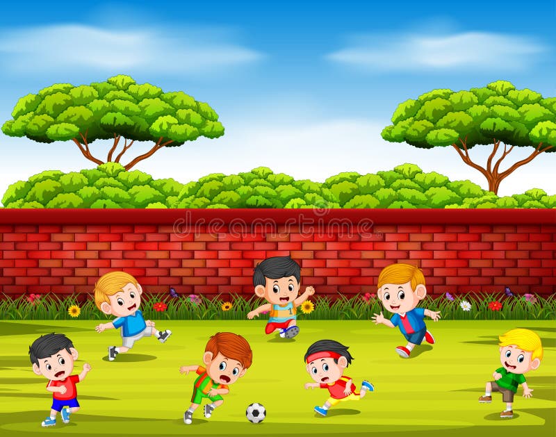I bambini che giocano a calcio con il loro gruppo insieme nell'iarda illustrazione di stock I bambini che giocano a calcio con il loro gruppo insieme nell'iarda illustrazione di stock