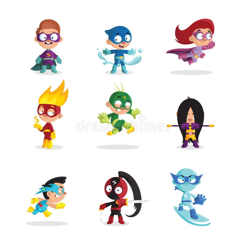 I bambini in costumi variopinti del supereroe hanno messo, illustrazioni divertenti di vettore del fumetto dei caratteri delle ra illustrazione di stock I bambini in costumi variopinti del supereroe hanno messo, illustrazioni divertenti di vettore del fumetto dei caratteri delle ra illustrazione di stock