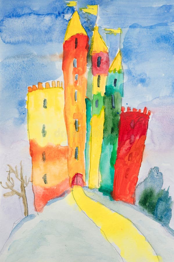 I bambini dipingono di acquerello su carta testurizzata di un castello di colore multicolore alto sulla montagna di neve sotto un fotografie stock libere da diritti