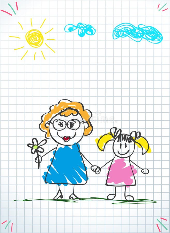 I bambini scarabocchiano insieme i disegni della ragazza e della donna illustrazione di stock I bambini scarabocchiano insieme i disegni della ragazza e della donna illustrazione di stock