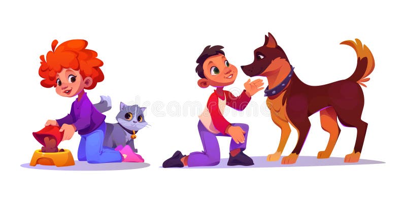 Children take care of their pets. Cartoon vector illustration set of friendship between happy kids and domestic animals - girl pours food into cat bowl, boy trains dog. Toddler play with pet. Children take care of their pets. Cartoon vector illustration set of friendship between happy kids and domestic animals - girl pours food into cat bowl, boy trains dog. Toddler play with pet.