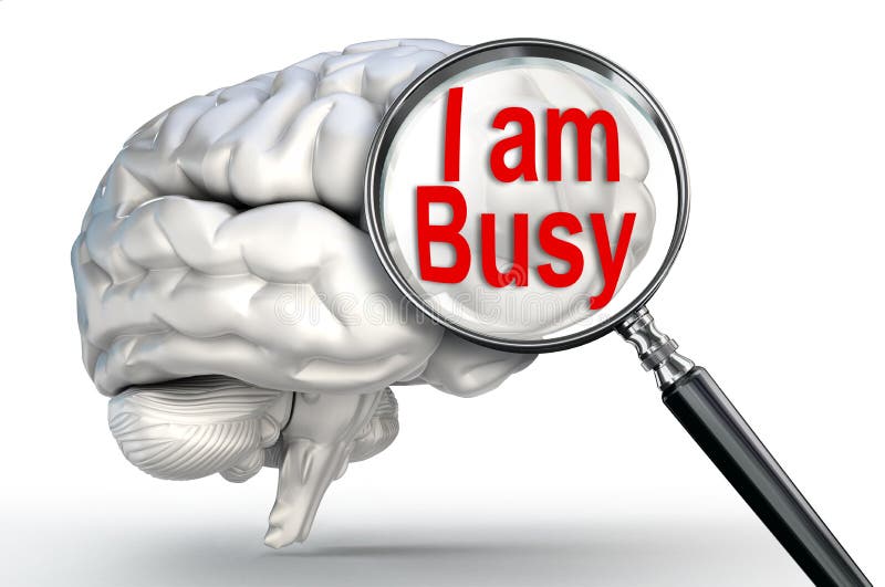 I am Busy Word on Magnifying Glass and Human Brain Stock Illustration