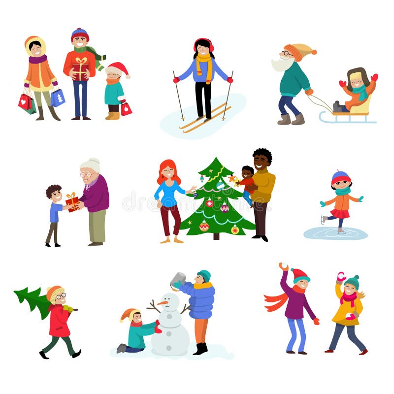 I caratteri della famiglia del fumetto di vettore di vacanza invernale scherza il gioco nell'orario invernale con l'albero ed i r illustrazione di stock I caratteri della famiglia del fumetto di vettore di vacanza invernale scherza il gioco nell'orario invernale con l'albero ed i r illustrazione di stock