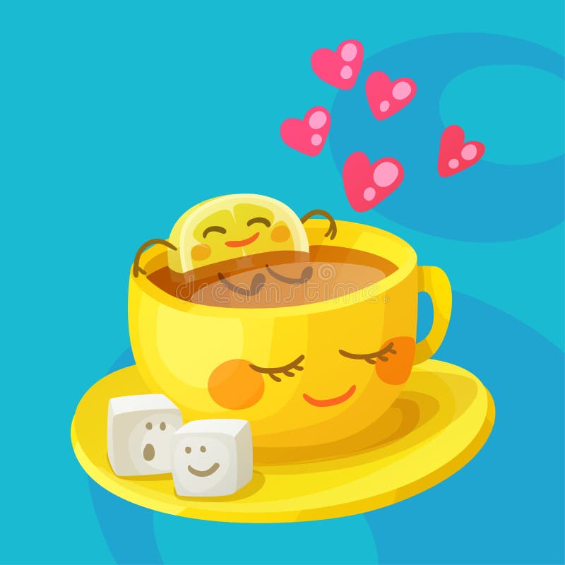 I caratteri divertenti dell'alimento un la tazza di tè, della fetta del limone e dello zucchero cuba nell'amore Illustrazione all illustrazione vettoriale