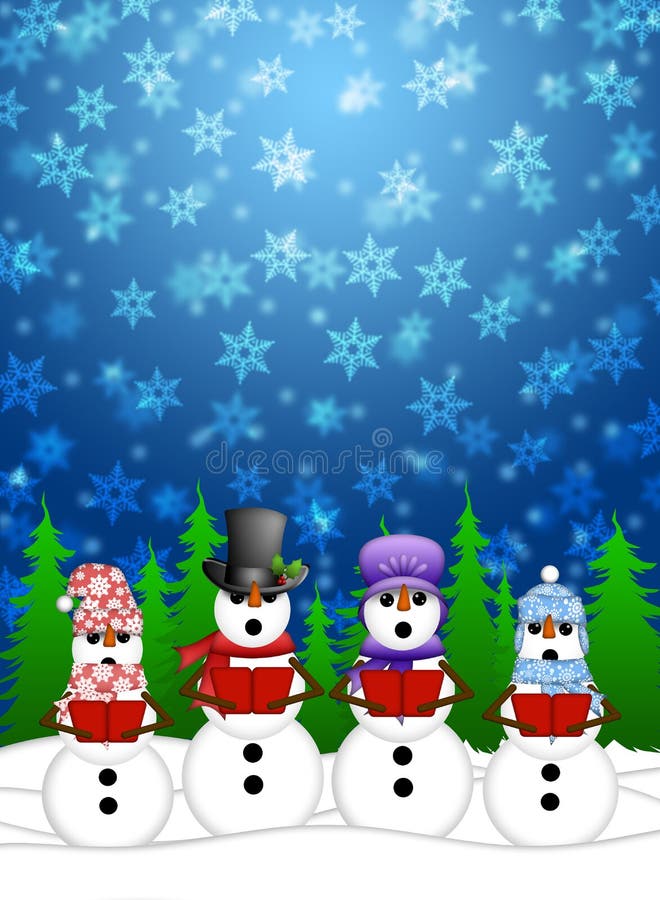 I Carolers del pupazzo di neve cantano nell'illustrazione della neve di inverno