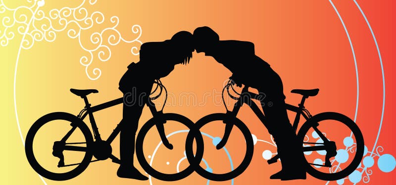 I ciclisti coppia il viaggio di amore sul fondo del biglietto di S. Valentino illustrazione di stock I ciclisti coppia il viaggio di amore sul fondo del biglietto di S. Valentino illustrazione di stock