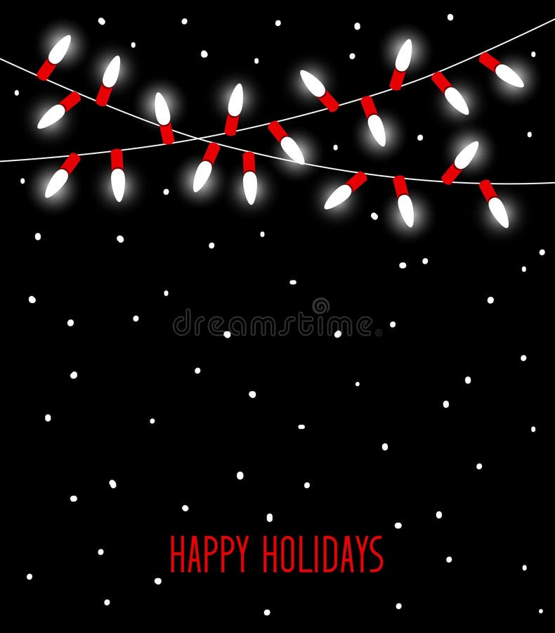 Happy Celebration Christmas New Years Birthdays and other events led lights bulbs lamps in white and red colors hanging garland on black background. Happy Celebration Christmas New Years Birthdays and other events led lights bulbs lamps in white and red colors hanging garland on black background