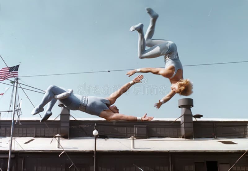 Trapeze performers execute a breathtaking, perilous maneuver.  The circus daredevils precision routine was part of the entertainment at the Navy Pier during the first ChicagoFest in August, 1978. Trapeze performers execute a breathtaking, perilous maneuver.  The circus daredevils precision routine was part of the entertainment at the Navy Pier during the first ChicagoFest in August, 1978.