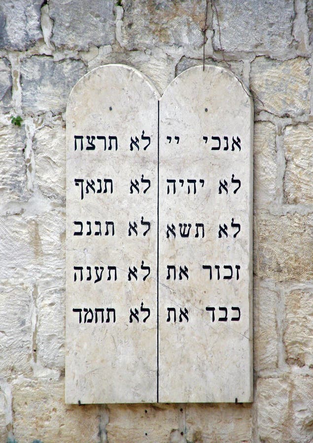 The tables with ten commandments in hebrew, hanging on the wall in Jerusalem. The tables with ten commandments in hebrew, hanging on the wall in Jerusalem.