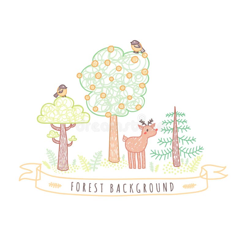 I disegni dei bambini scarabocchiano il fondo della foresta di stile con gli alberi, gli uccelli ed i cervi royalty illustrazione gratis I disegni dei bambini scarabocchiano il fondo della foresta di stile con gli alberi, gli uccelli ed i cervi royalty illustrazione gratis
