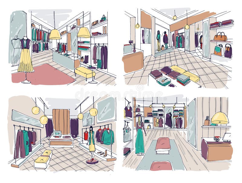 I disegni variopinti dell'interno del boutique dell'abbigliamento con l'arredamento, i contatori, le vetrine, manichini si sono v illustrazione di stock I disegni variopinti dell'interno del boutique dell'abbigliamento con l'arredamento, i contatori, le vetrine, manichini si sono v illustrazione di stock