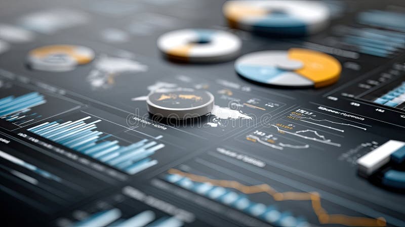 I en futuristisk instrumentpanel visas detaljerade diagram och diagram i blåtoner med tonvikt på analys mot en jämn svart bakgrund vektor illustrationer