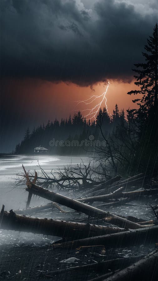 I en kraftig storm översvämmas regn av kraftiga vindar under ett himmel fylld med farliga mörka moln vektor illustrationer