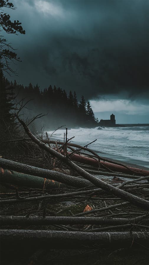 I en kraftig storm översvämmas regn av kraftiga vindar under ett himmel fylld med farliga mörka moln royaltyfri illustrationer
