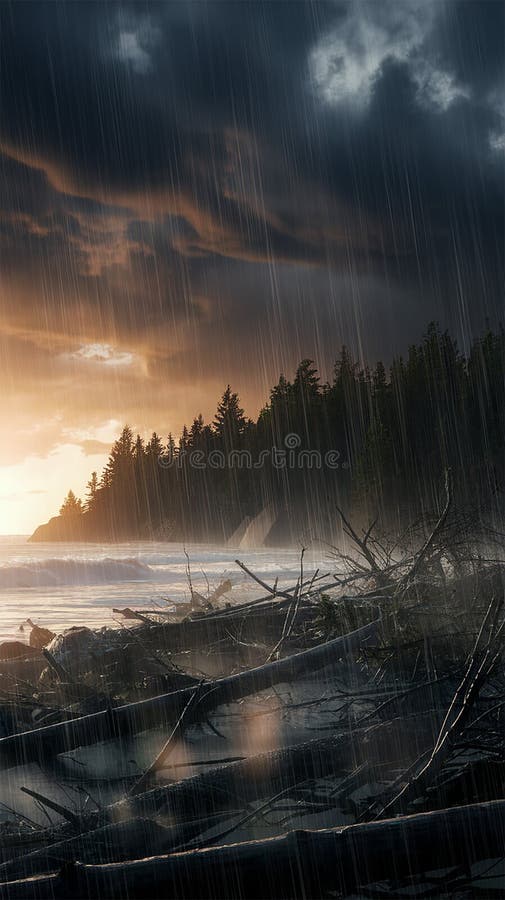 I en kraftig storm översvämmas regn av kraftiga vindar under ett himmel fylld med farliga mörka moln stock illustrationer
