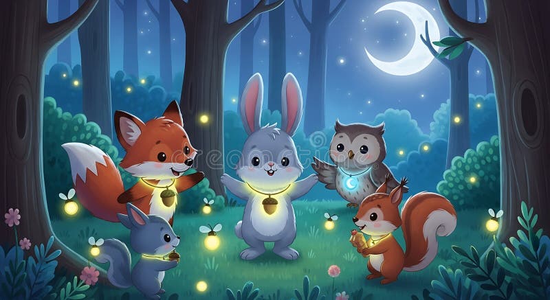 I en skog med moonlit samlar en animerad grupp djur in. En rävkanin stock illustrationer