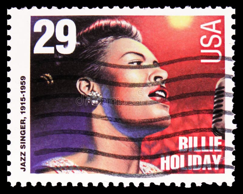 MOSCOW, RUSSIA - OCTOBER 8, 2020: Postage stamp printed in United States shows Jazz Singers: Billie Holiday 1915-1959, American Music Series serie, circa 1994. MOSCOW, RUSSIA - OCTOBER 8, 2020: Postage stamp printed in United States shows Jazz Singers: Billie Holiday 1915-1959, American Music Series serie, circa 1994