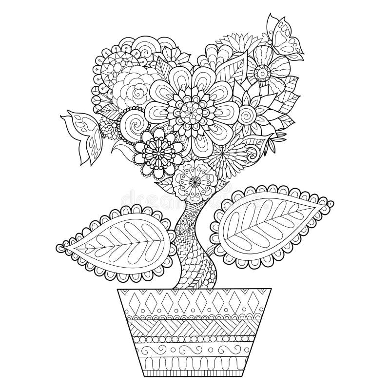 I fiori nella forma del cuore su una linea arte del vaso progettano per il libro da colorare per l'adulto, tatuaggio, grafico del