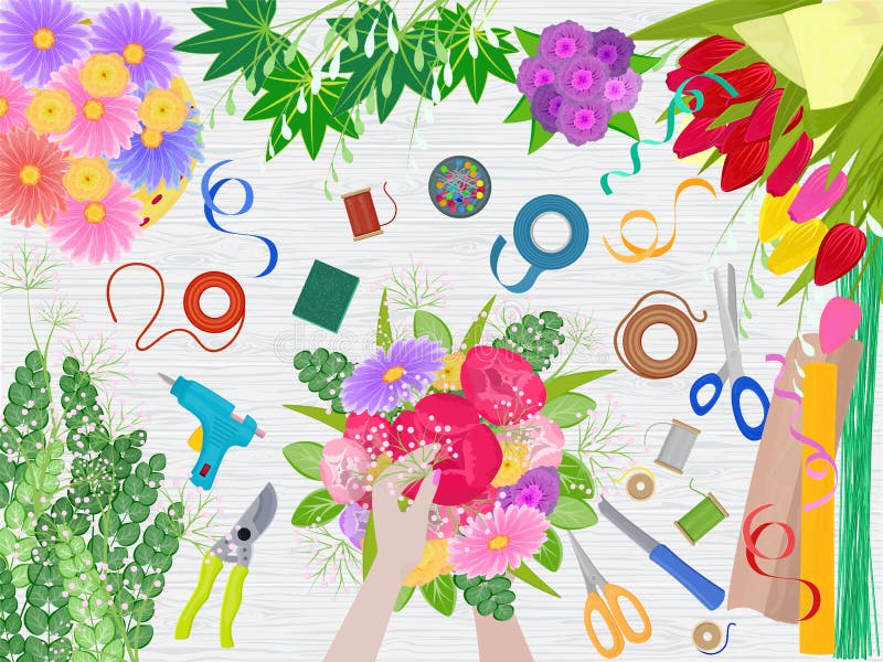 I fioristi di vettore di Floristics passa la fabbricazione del mazzo floreale bello e l'organizzazione dei fiori nell'illustrazio illustrazione di stock I fioristi di vettore di Floristics passa la fabbricazione del mazzo floreale bello e l'organizzazione dei fiori nell'illustrazio illustrazione di stock