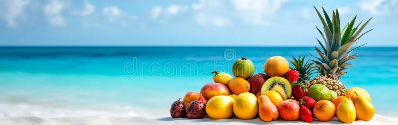 I frutti tropicali di colore chiaro sono ben disposti su sabbia morbida, contro una vista mozzafiato di un mare turchese fotografia stock libera da diritti
