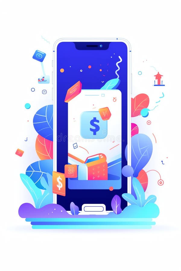I generatori guadagnano denaro con la telefonia mobile. I generativi guadagnano denaro con la pagina dell'app mobile su schermo. caratteri minuscoli con un'enorme calcolatrice salvadanaio e un concetto di risparmio e di ricchezza di pagamento. illustrazione vettoriale vignetta