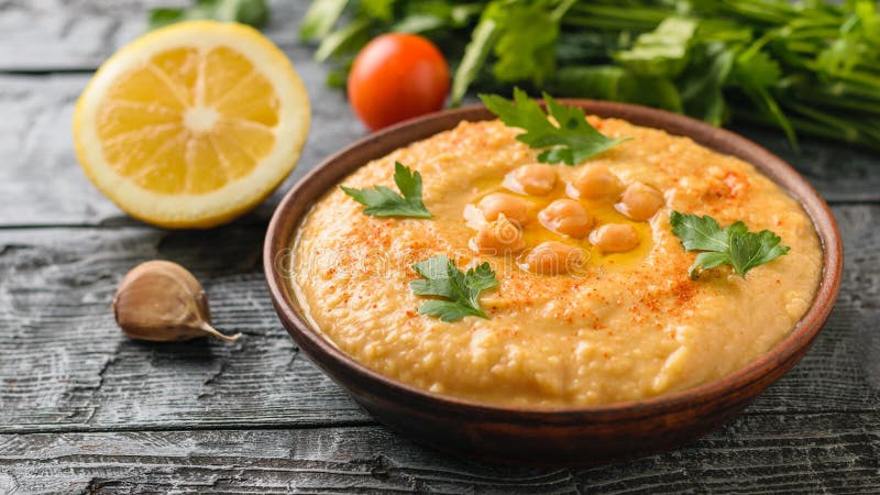 I hummus appena fatti in un'argilla bruniscono la ciotola su una tavola rustica con un pezzo di pane fotografia stock libera da diritti