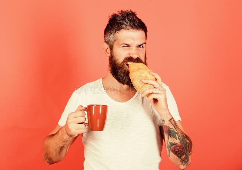 I am hungry. Perfect match. feel hunger. Bearded hipster enjoy breakfast drink coffee. Morning tradition concept. Fresh