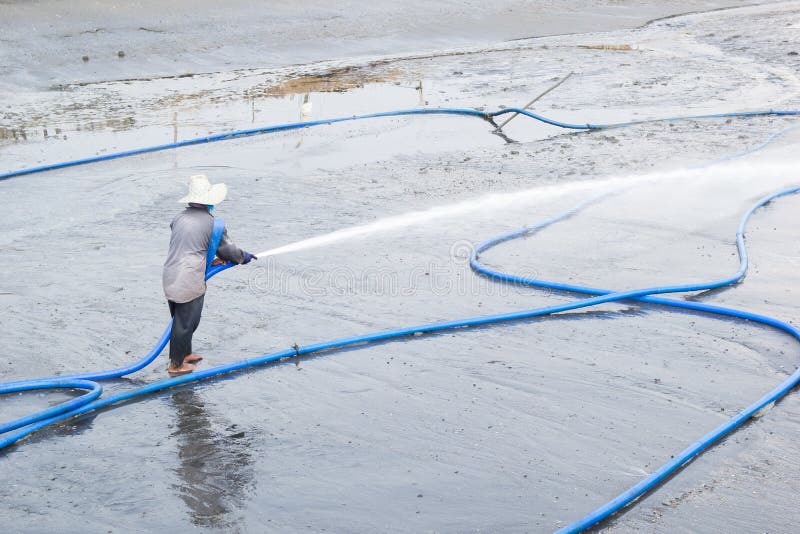 I lavoratori usano lo stagno ad alta pressione del gamberetto di pulizia dell'acqua immagini stock libere da diritti I lavoratori usano lo stagno ad alta pressione del gamberetto di pulizia dell'acqua immagini stock libere da diritti