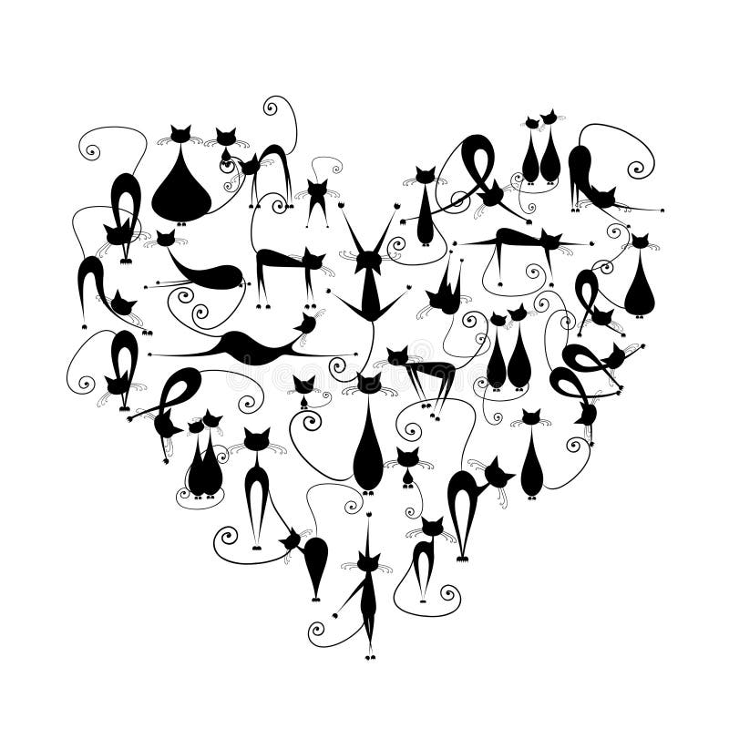 I love cats! Black cats silhouette in heart shape royalty free illustration