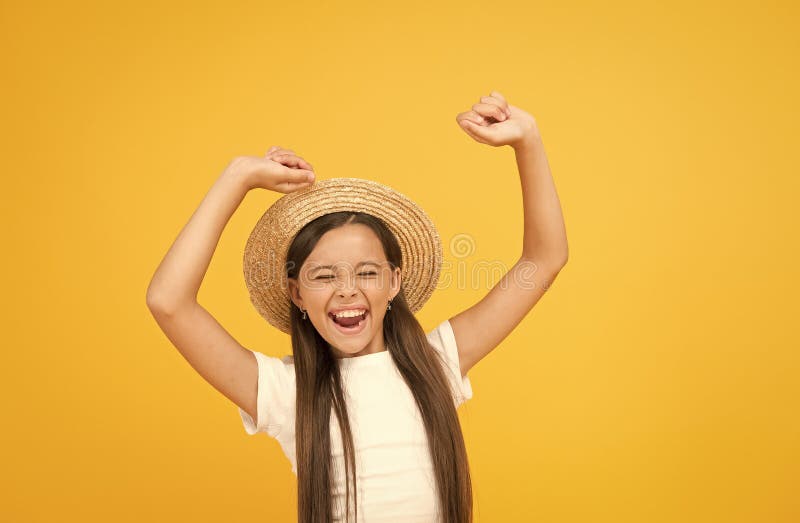 I love it. ready for beach party. small beauty. happy kid dancing on yellow background. she love summer vacation. spring