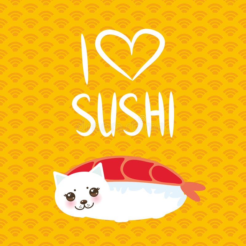 I love sushi. Kawaii funny Ebi Sushi and white cute cat with pink cheeks and eyes, emoji. Orange background with japanese circle p royalty free illustration I love sushi. Kawaii funny Ebi Sushi and white cute cat with pink cheeks and eyes, emoji. Orange background with japanese circle p royalty free illustration