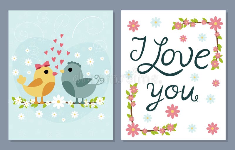 I love you card set with cute birds and flowers