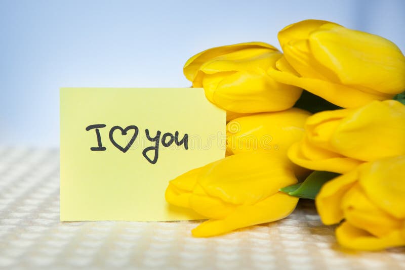 I love you, card with words and yellow tulips flowers royalty free stock photo I love you, card with words and yellow tulips flowers royalty free stock photo