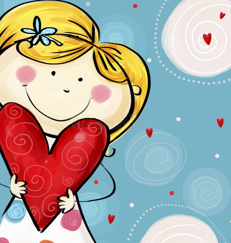 I love you postcard. Love illustration.Cute girl with the big heart. royalty free illustration I love you postcard. Love illustration.Cute girl with the big heart. royalty free illustration