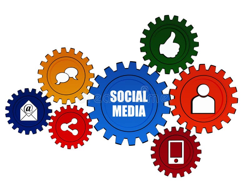 Social media and internet signs - text and it concept symbols in 3d color gearwheels. Social media and internet signs - text and it concept symbols in 3d color gearwheels