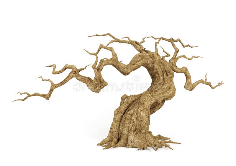 I morti hanno appassito l'albero isolato su fondo bianco, oggetto decorativo per la scena di Halloween, rappresentazione 3D