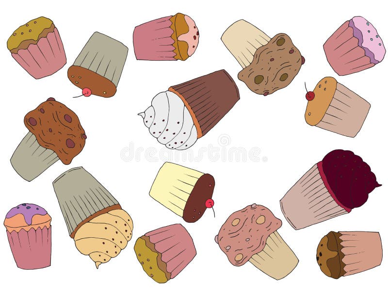 I muffin del fumetto hanno colorato i dolci di cioccolato dell'insieme di scarabocchio passano il caff? dei bign? di tiraggio illustrazione vettoriale I muffin del fumetto hanno colorato i dolci di cioccolato dell'insieme di scarabocchio passano il caff? dei bign? di tiraggio illustrazione vettoriale