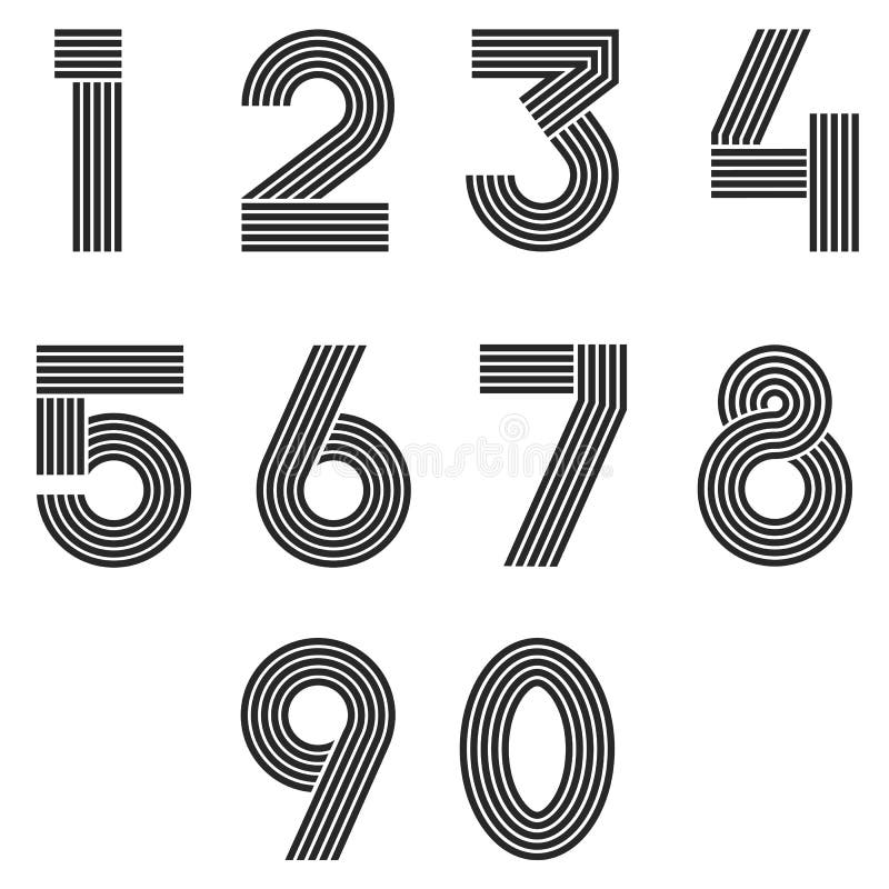I numeri hanno messo la linea sottile simboli di per la matematica del monogramma, simboli in bianco e nero lineari 1, 2, 3, 4, 5