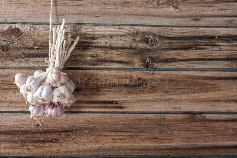 I pacchi di aglio fresco si sono asciugati sulla parete di legno d'annata fotografia stock I pacchi di aglio fresco si sono asciugati sulla parete di legno d'annata fotografia stock