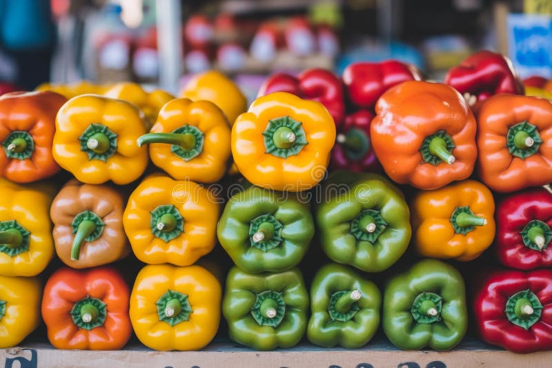 I peperoni a campana di colore luminoso in diverse tonalità sono disposti in modo preciso in uno stallo di mercato. Questo display immagini stock