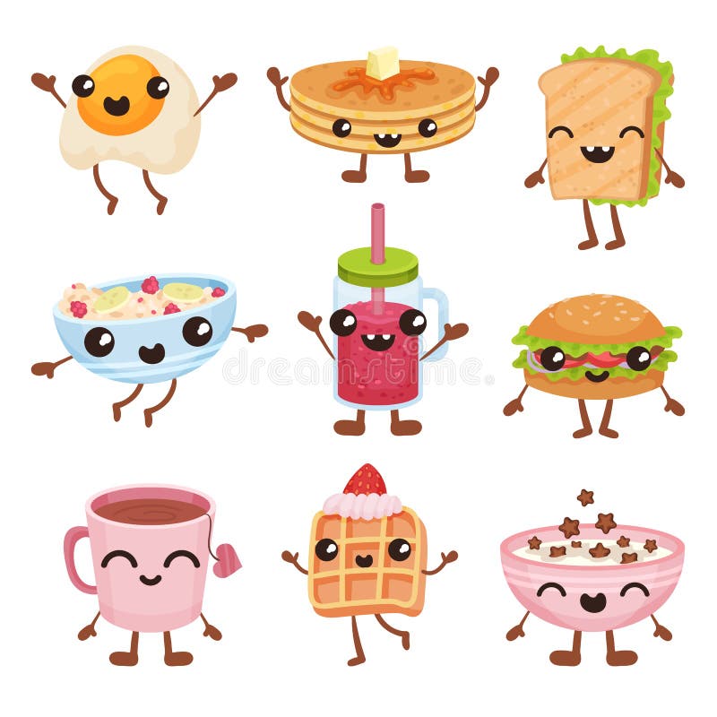 I personaggi dei cartoni animati degli alimenti a rapida preparazione mettono, piatti deliziosi e le bevande con i fronti sorride illustrazione di stock