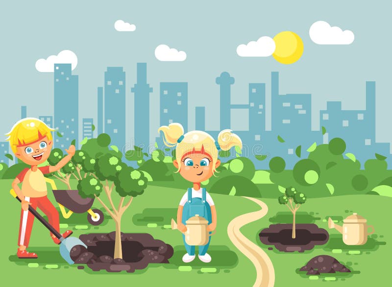 I personaggi dei cartoni animati dell'illustrazione di vettore dei bambini ragazzo e ragazza scavano il foro in terra per la pian