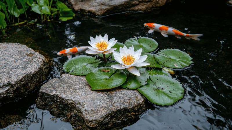 I pesci di Koi nuotano tra i gigli d'acqua in uno stagno tranquillo. illustrazione di stock