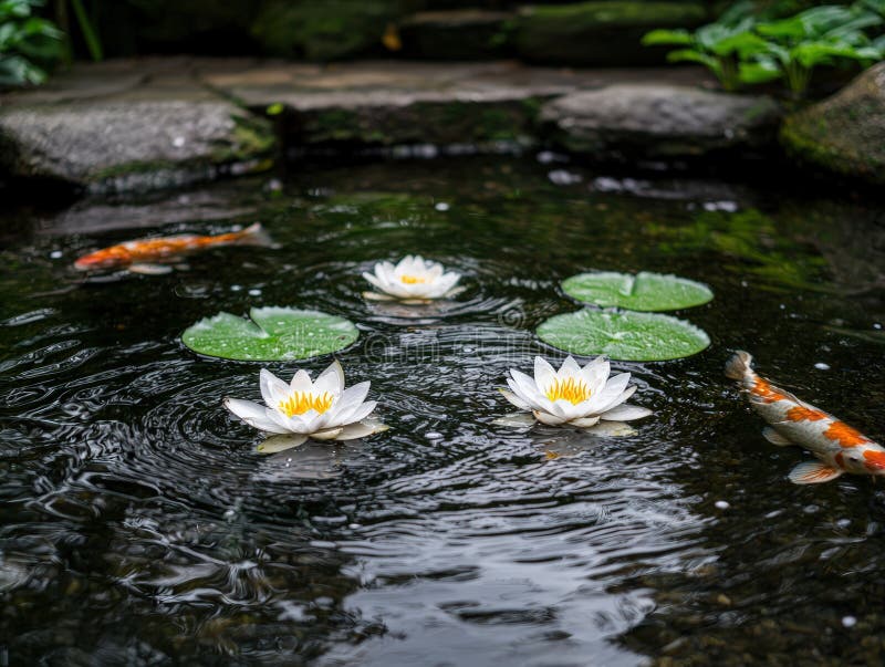 I pesci di Koi nuotano tra i gigli d'acqua in uno stagno tranquillo. Creato con l'aiuto di Generative AI Tools.