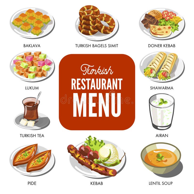 I piatti tradizionali dell'alimento turco di cucina vector le icone per il menu del ristorante di Turkley illustrazione vettoriale