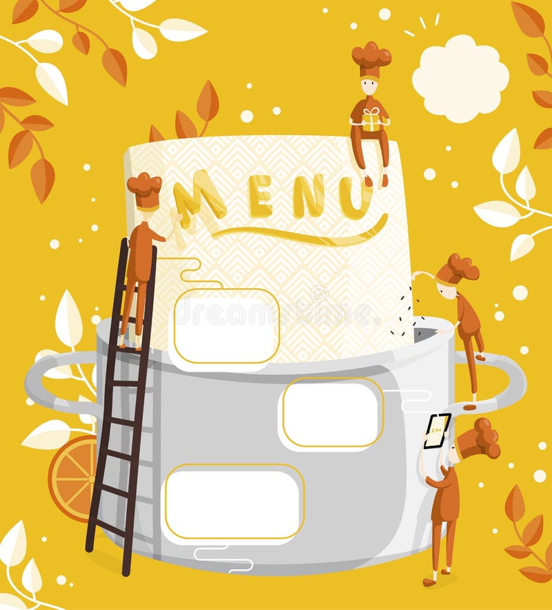 I piccoli cuochi dei caratteri forniscono un menu Campo per testo Illustrazione della creazione del menu per un ristorante o un c royalty illustrazione gratis I piccoli cuochi dei caratteri forniscono un menu Campo per testo Illustrazione della creazione del menu per un ristorante o un c royalty illustrazione gratis