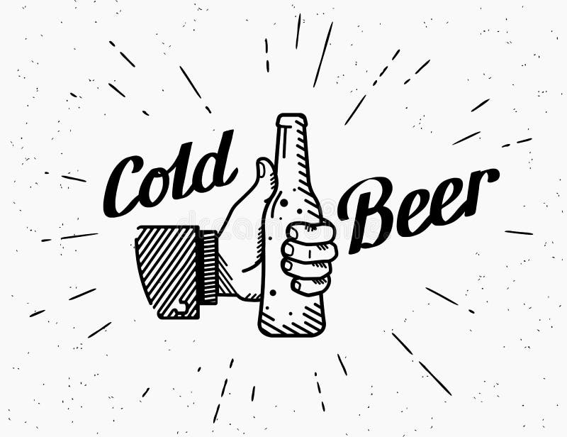 Thumbs up symbol icon with cold beer bottle. Retro fashioned illustration of human hand holds beer bottle with handwritten lettering text on grunge textured background. Thumbs up symbol icon with cold beer bottle. Retro fashioned illustration of human hand holds beer bottle with handwritten lettering text on grunge textured background