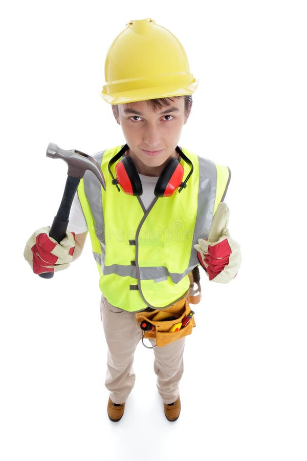 I pollici del martello della tenuta del costruttore aumentano il successo di approvazione fotografie stock I pollici del martello della tenuta del costruttore aumentano il successo di approvazione fotografie stock