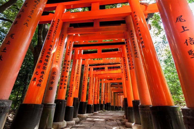 Torii gates at Fushimi Inari Shrine in Kyoto, Japan. Inari is seen as the patron of business, and merchants and manufacturers have traditionally worshipped Inari. Each of the torii at Fushimi Inari Taisha is donated by a Japanese business. Torii gates at Fushimi Inari Shrine in Kyoto, Japan. Inari is seen as the patron of business, and merchants and manufacturers have traditionally worshipped Inari. Each of the torii at Fushimi Inari Taisha is donated by a Japanese business.